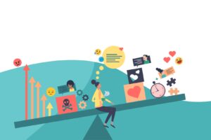Image of seesaw with objects balancing for a blog about Social Media Wellbeing: Social AF launches survey to explore the impact