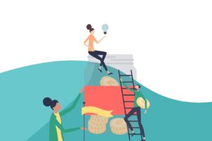 Fundraising vector illustration of jar with money and characters for a blog called Social Fundraising wrapped: Things we’ve learned from Virtual Challenges in 2024