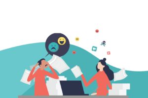 Vector illustration of overworked man and woman for a blog called Moderation Matters: Practical steps for managing social media workload