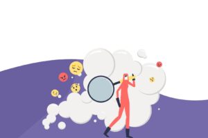 Vector image of toxic fumes, angry/sad/worried emojis floating and woman dressed in a hazmat suit for a blog about Tackling Social Media Toxicity: A Guide for Charities in 2026