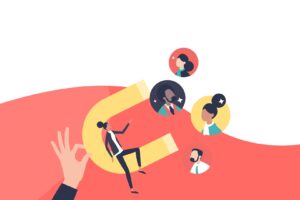 Vector illustration of magnet with characters for a blog about How to Drive Engagement in Facebook Challenge Groups