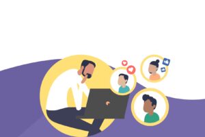 Vector illustration of man on laptop for a blog about a Wellbeing Guide for Charity Social Media Managers