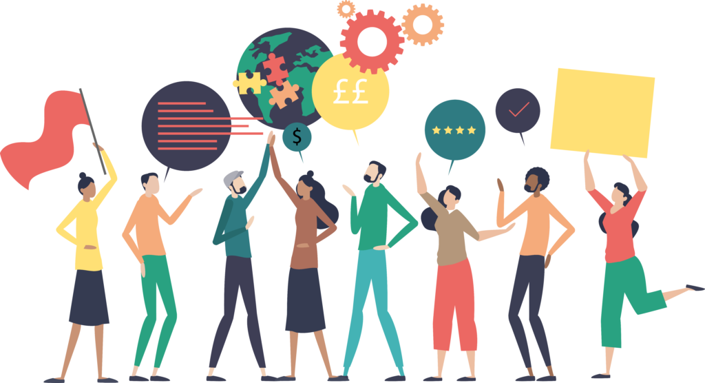 Image shows a group of people celebrating success. 