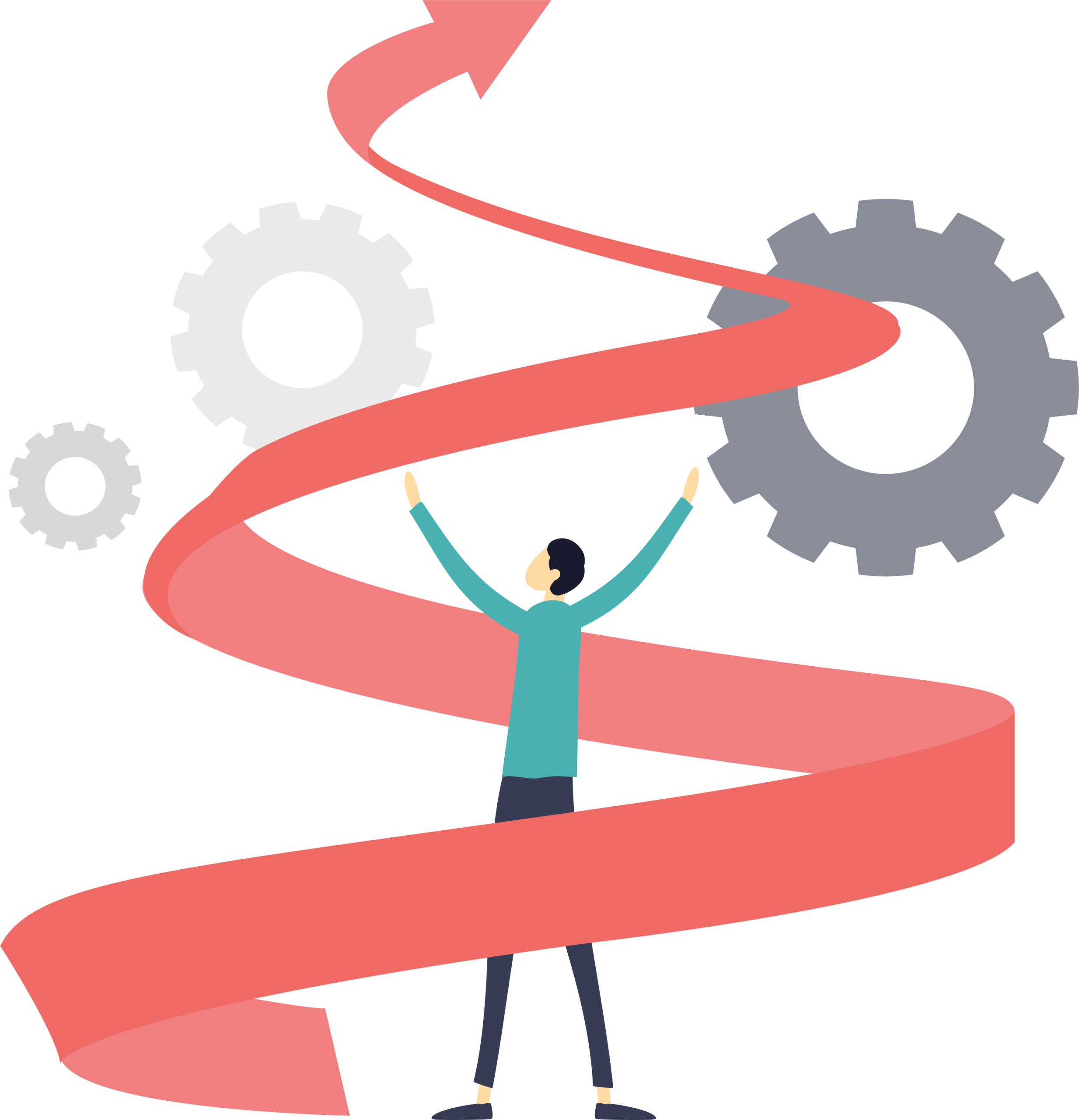 Vector illustration of a large upward spiral arrow surrounded by cogwheels, with a man raising his hands