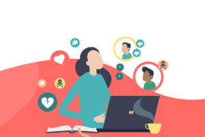 Vector illustration of woman on laptop with icons floating around which depicts a Social Media Professional