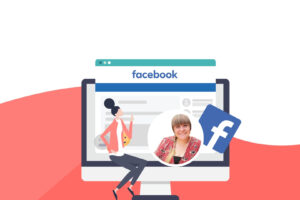 Blog cover image of mac computer with facebook web screen open, georgia's photo, facebook sign and vector graphics of a woman sitting