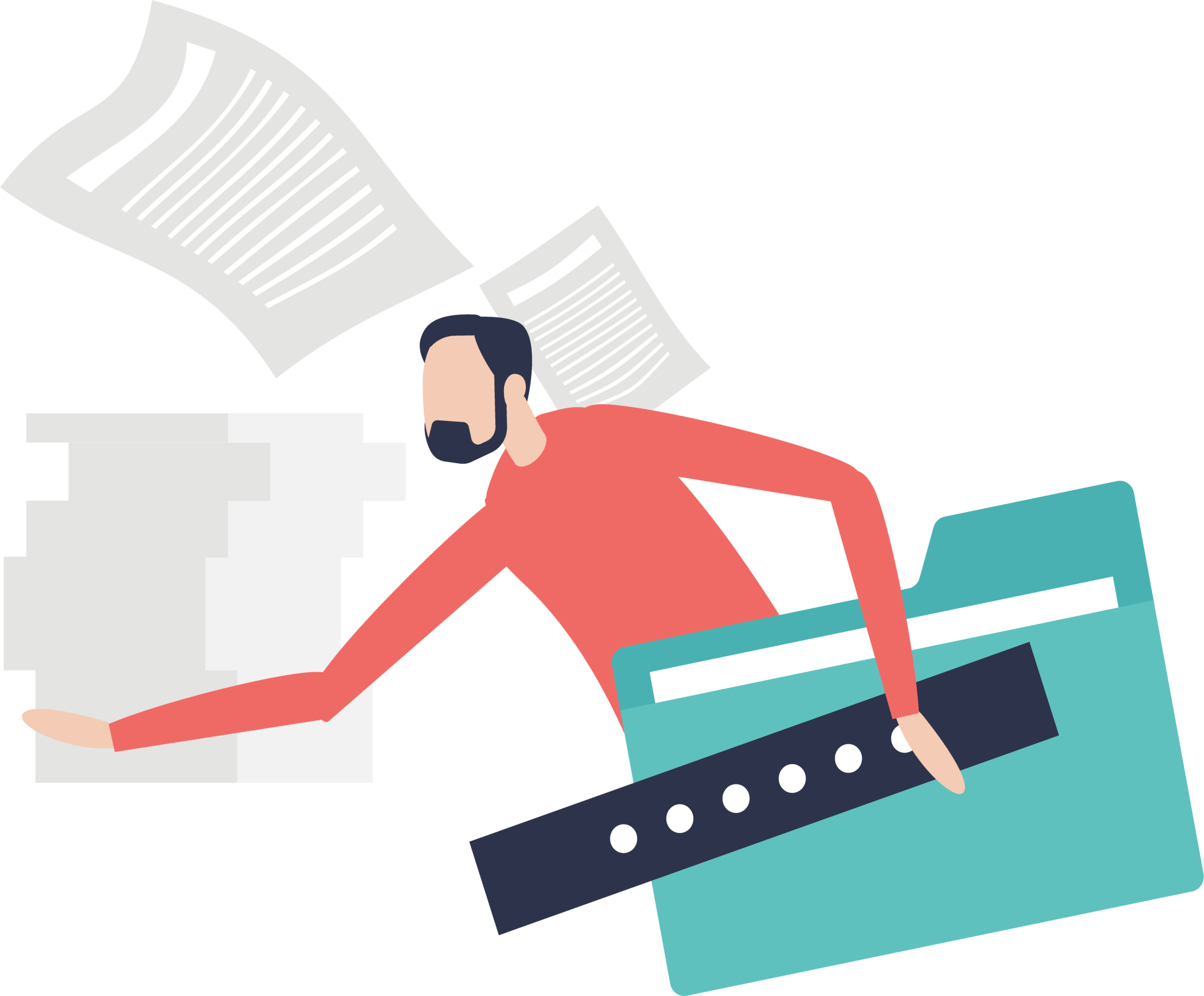 Vector image of man holding a giant folder with paper scattered around