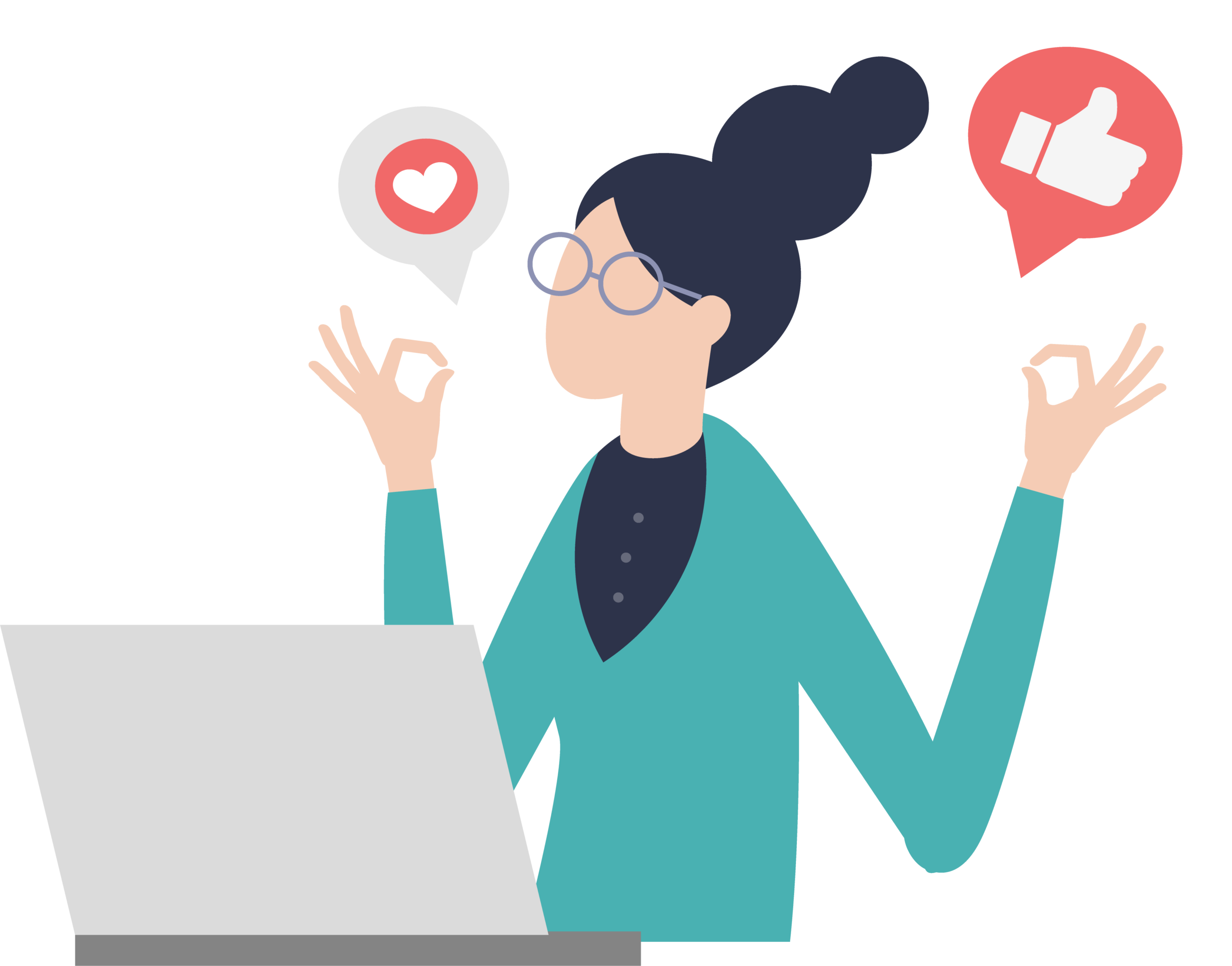 Vector illustration of a woman on her laptop with heart and thumbs up emojis around her