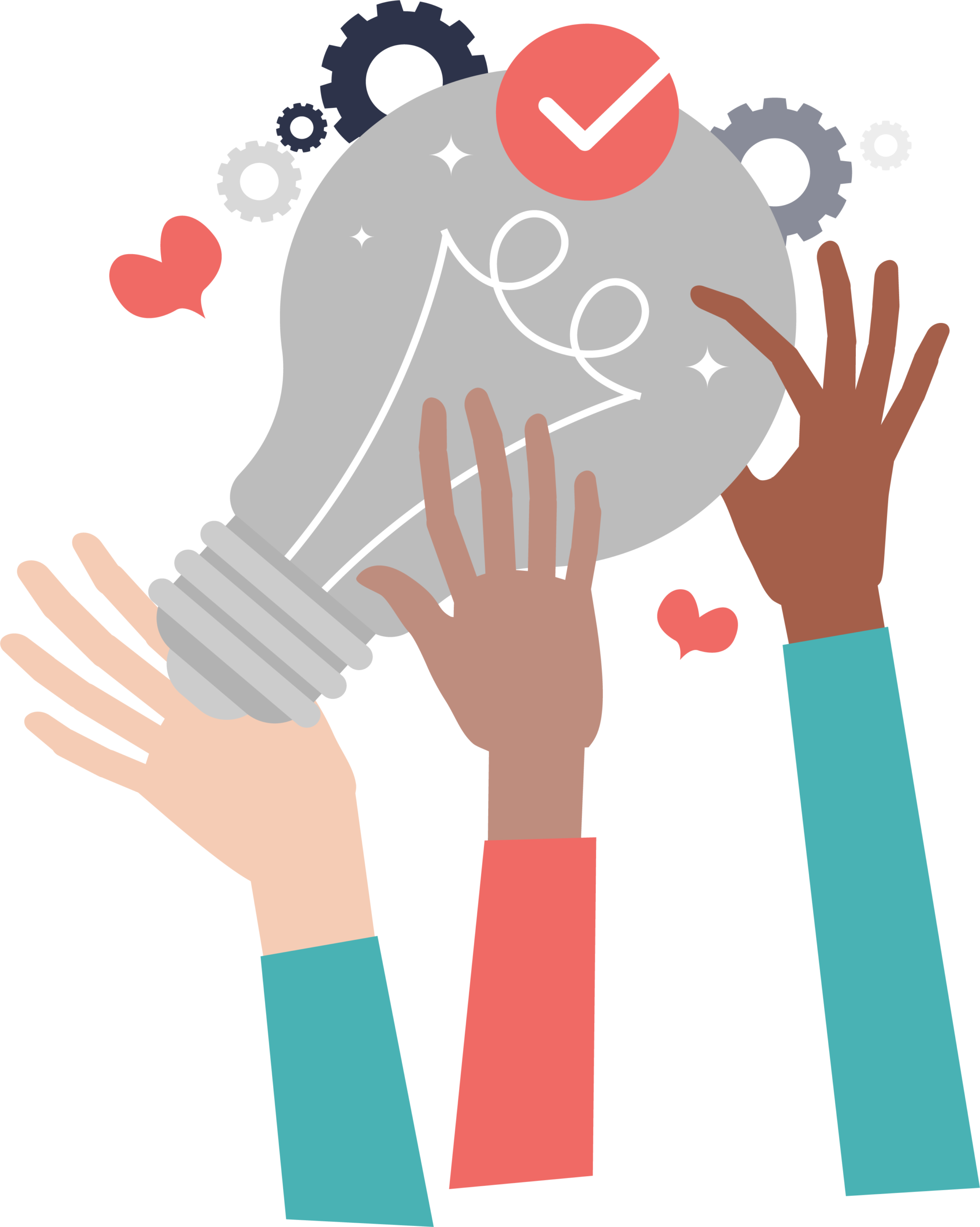 Vector illustration of a giant bulb held by 3 hands with hearts and cogwheels surrounding it
