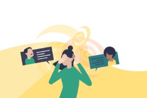 Vector illustration of stressed woman with social media message bubbles around