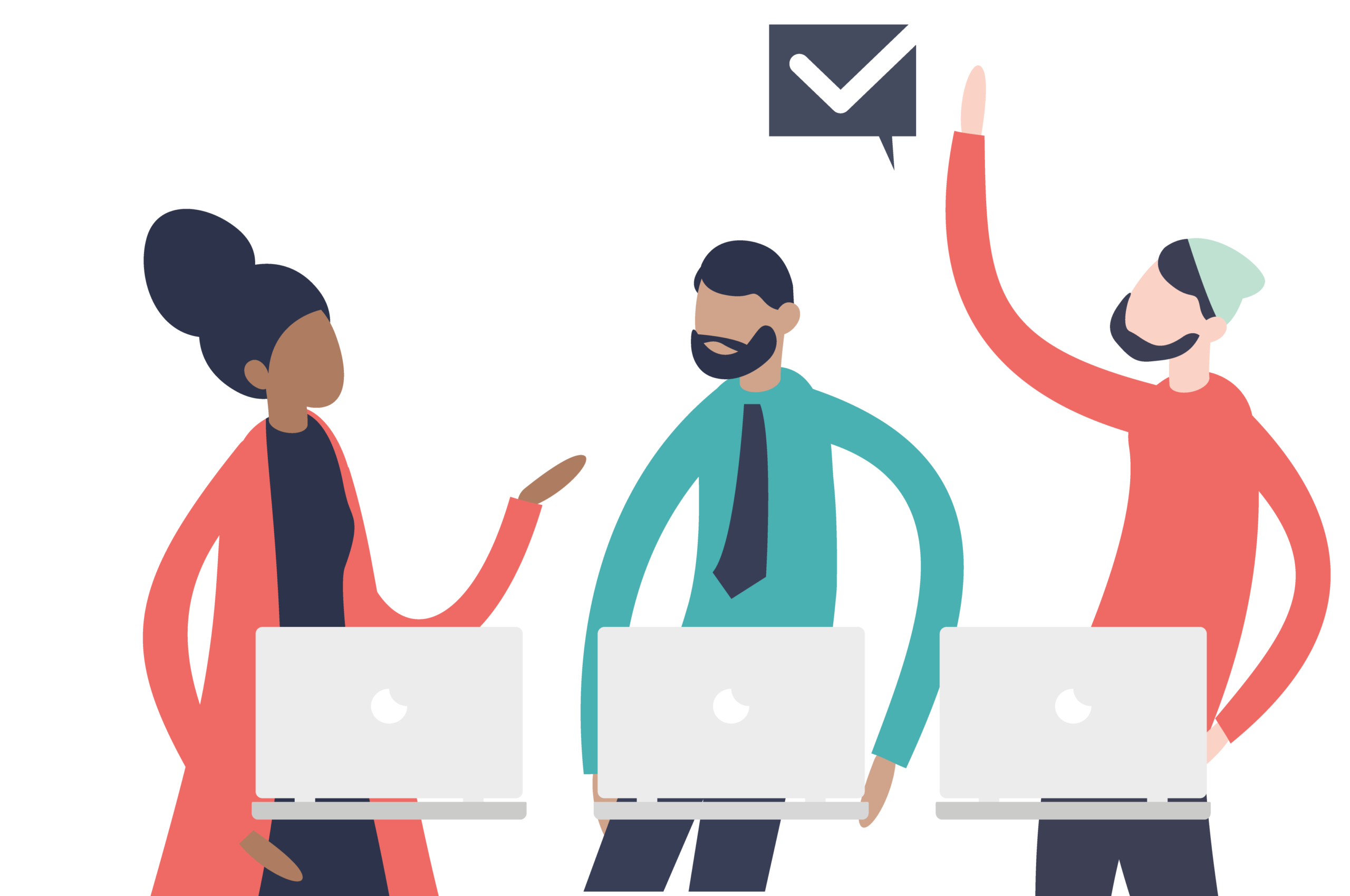 Vector image of characters holding a laptop each with a tick icon