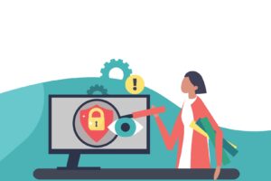 Vector illustration of safeguarding and woman holding magnifying glass towards desktop screen for a blog about Social Media Moderation being Essential for Safeguarding Brand Reputation