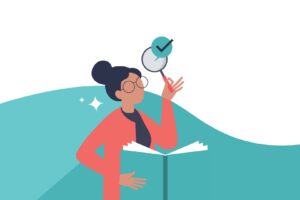 Vector illustration of woman holding book and magnifying glass as part of our blog about Paypal and Facebook fundraisers