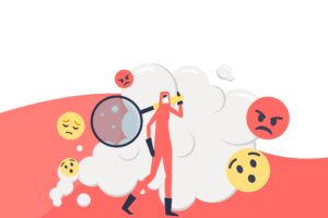 Vector image of toxic fumes, angry/sad/worried emojis floating and woman dressed in a hazmat suit for a blog about Tackling Social Media Toxicity: A Guide for Charities in 2026
