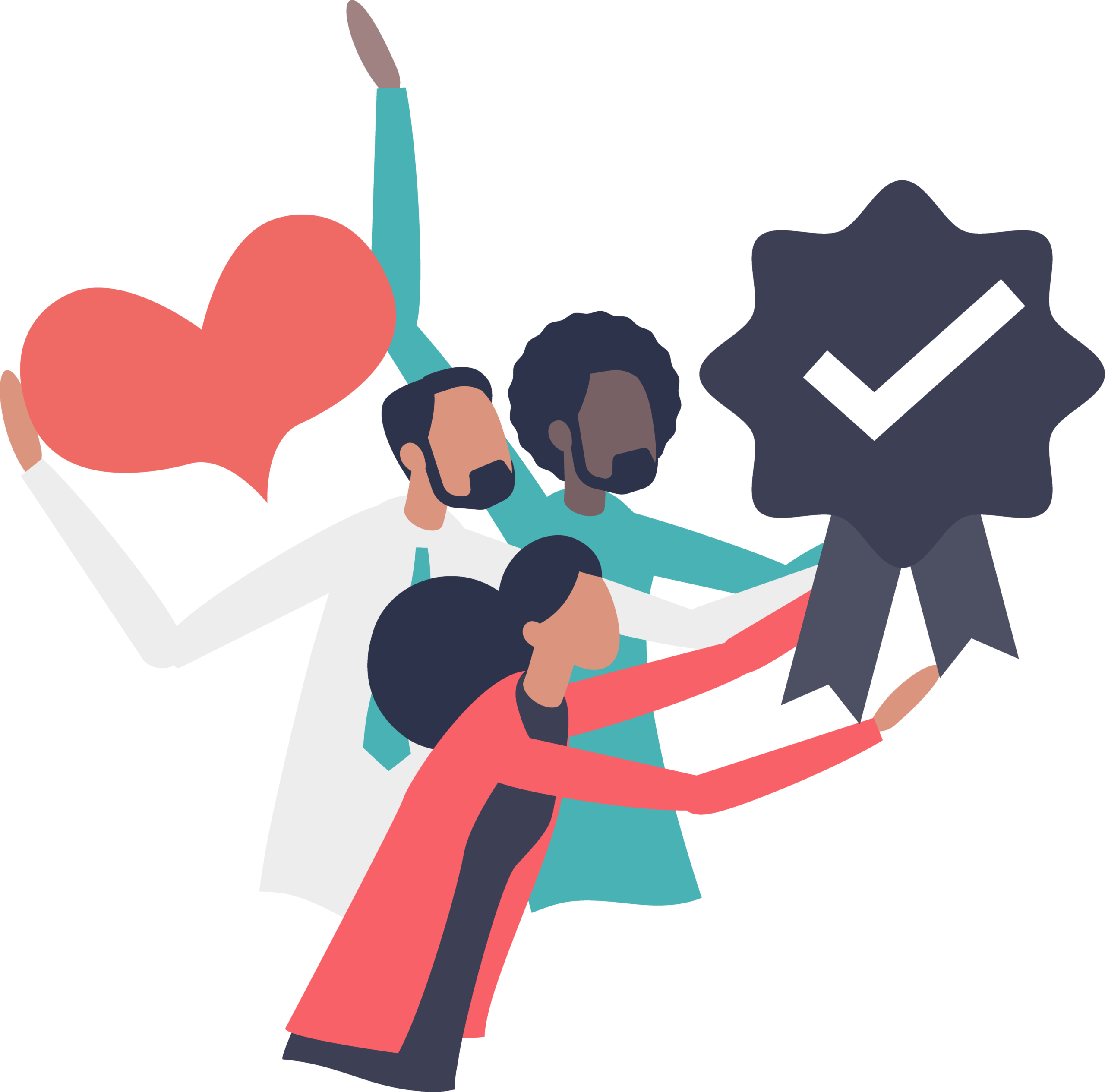 Vector illustration of 2 men and a woman holding a heart and a medal with a check sign on