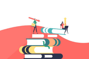 Vector image of stacked books and two characters holding arrows for a blog called Back to Basics: Tone of Voice in Social Media Moderation