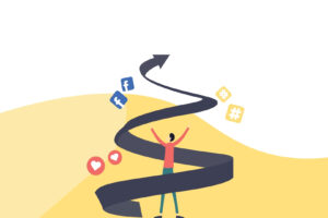 Vector image of arrow swirling up and man holding hands up with social media icons floating around for a blog about What has been driving engagement in charity Facebook Challenges?
