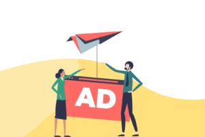 Image depicting a facebook post and two characters for a blog about facebook ad moderation