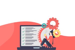 Vector illustration of laptop screen with text, cogwheels and woman holding cup for a blog about Creating Safer Spaces Online for charities