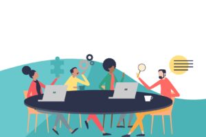 Vector image of characters during team meeting for a blog called Leadership Matters: Prioritising Wellbeing in Your Social Media Team