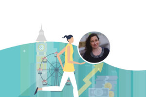 Vector illustration of a faint city skyline, big ben, Sophie's pic and money visuals.