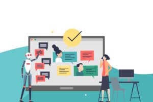 Vector image of laptop screen with comments, robot and woman for a blog called AI and Machine Learning in the Charity Sector: Practical Insights from CIOF 2025