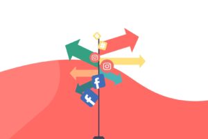 Image of arrow pointing in different directions and social media icons for a blog about Signposting on Social Media