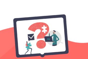 Illustration of a tablet device and a question mark to depict our social media moderation services