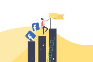 Vector image of bar graph/stairs and woman holding flag for a blog about setting your Facebook Challenge group up for success