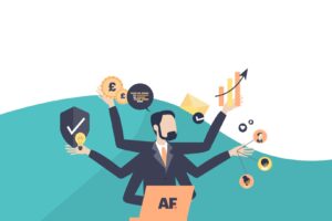 Vector illustration of man on laptop with multiple arms holding icons for a blog called The ROI of Community Management: How Moderation Drives Supporter Retention