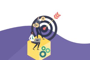 Vector image of bullseye with two men holding money and laptop for a blog about Facebook fundraising challenges