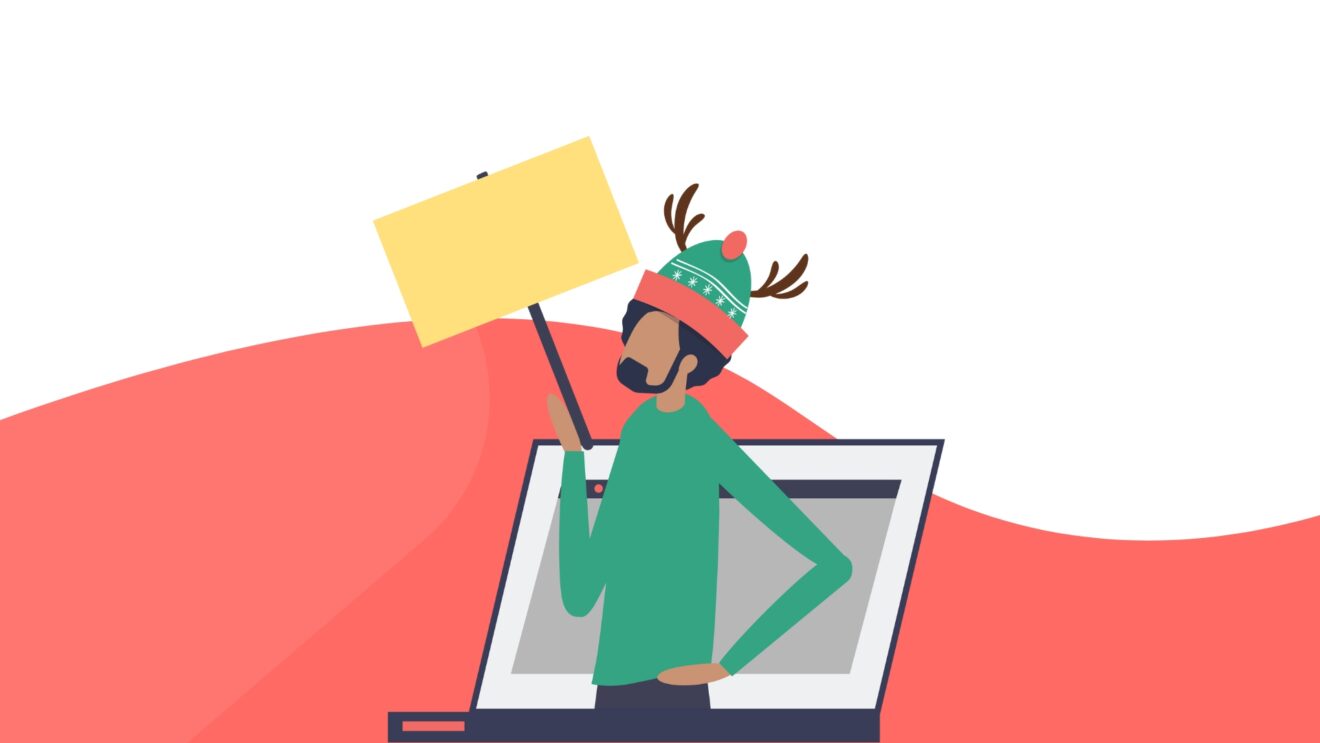Vector illustration of festive man on laptop holding a sign for a blog about The importance of effective signposting on social media this Christmas